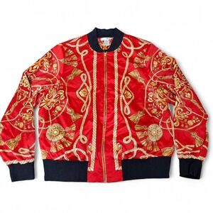 Vintage WD·NY Red & Gold Baroque Chain Print Bomber‎ Jacket, Size XL (1X)